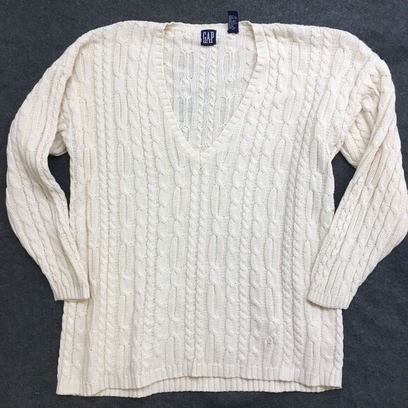 Vintage GAP Sweater Men's L Ivory Cable Knit V Neck Heavy Boxy Hong Kong Aran - Picture 1 of 16